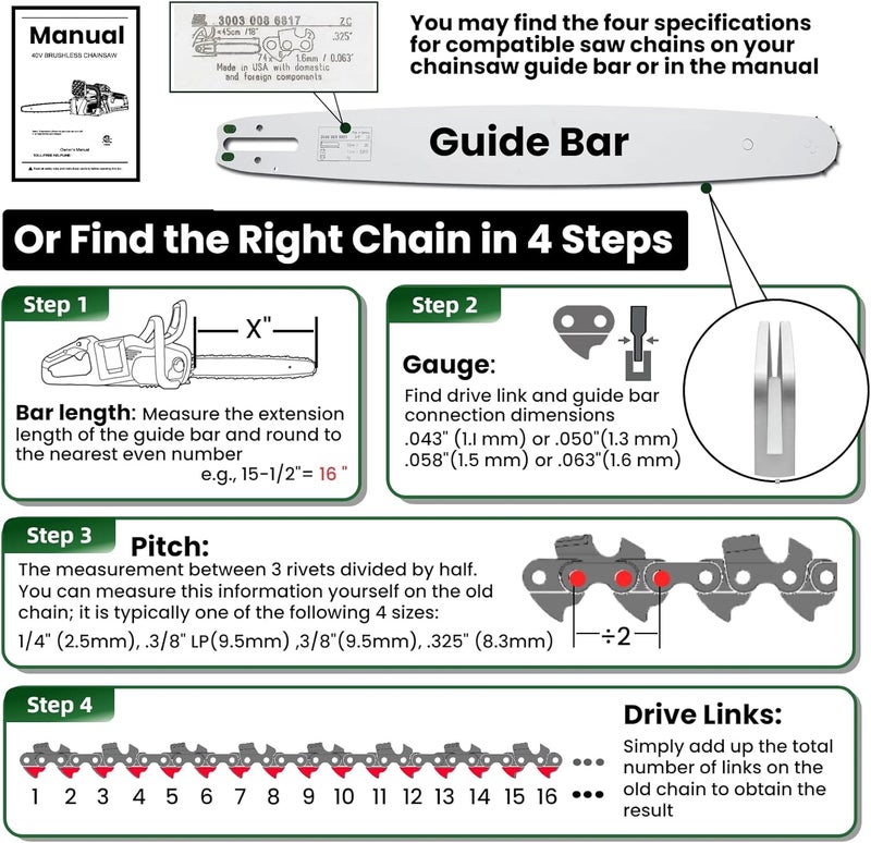 Wangenbro New 8 Inch Pruning Saw Chain 3/8"LP Pitch .043" Gauge 33 Drive Links, 8 Inch Pole Saw Blade Fit for RYOBI P4361 / P4360, Worx WG349, Milwaukee M18 FUEL 3004-20, Kobalt KPS 1024A-03 & More - R33 - Image 2
